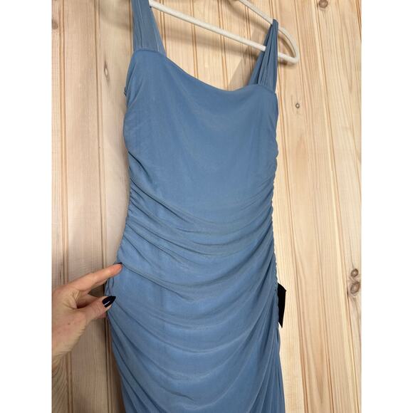 NWT Lulus Amazing Presence Slate Blue Mesh Ruched Column Maxi Dress Banquet S - Picture 5 of 10